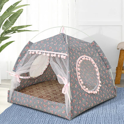 Sweet Princess Cat Bed Foldable Tent Cute Cat House Cushion flower gray