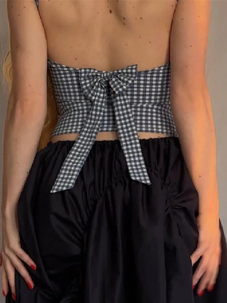 Korean Backless Plaid Croptop Bow Tie Sleeveless Streetwear
