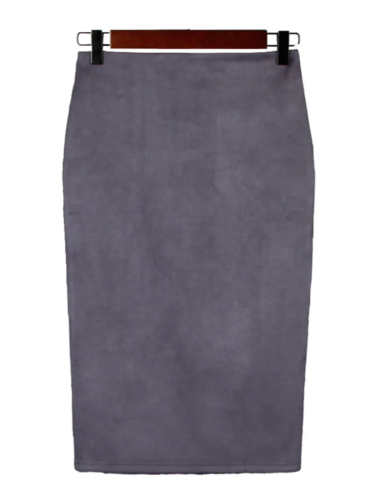 Multicolor Suede Midi Pencil Skirt Women High Waist Bodycon