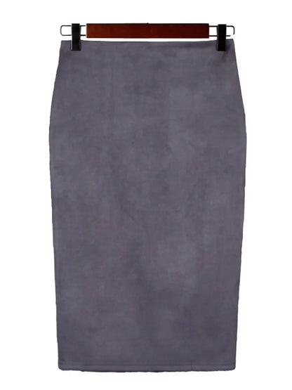 Multicolor Suede Midi Pencil Skirt Women High Waist Bodycon