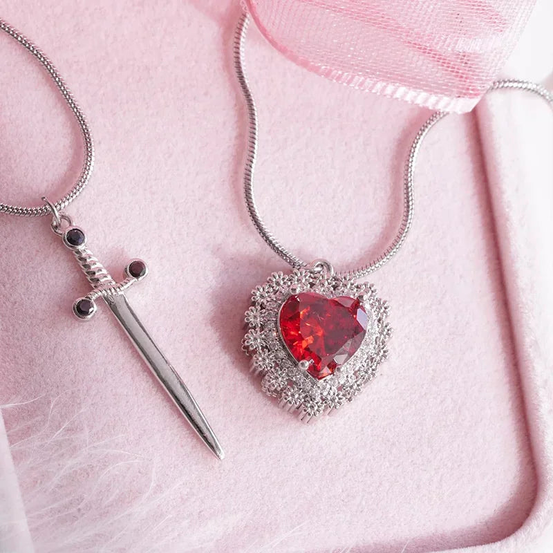 Assembled Heart and Sword Zircon Pendant Necklace Set for Couples Silver Gold Plated Choker Jewelry Gifts