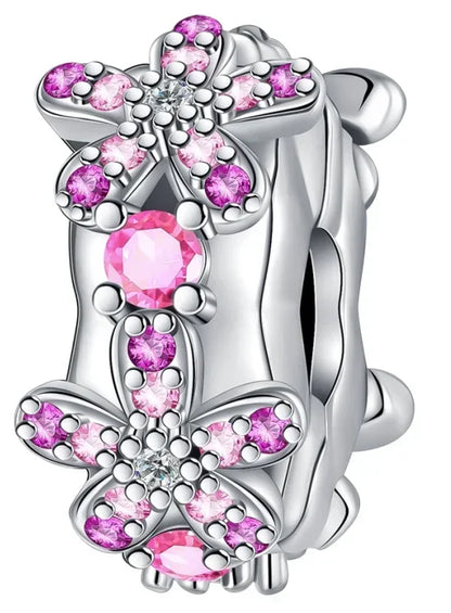 Sterling Silver Pink Blossom Dangle Charm with Butterfly Heart Flower Rose and Bird Bead for DIY Necklace and Bracelet Jewelry