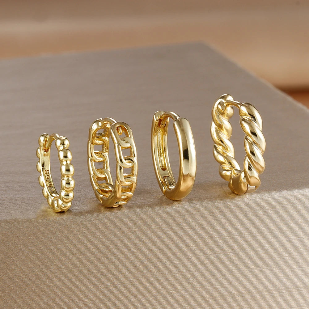 4PCS Gold Plated Stainless Steel Cubic Zirconia Star Leaves Hoop Earrings Set for Women