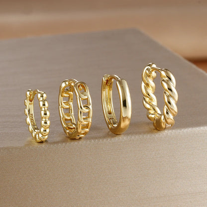 4PCS Gold Plated Stainless Steel Cubic Zirconia Star Leaves Hoop Earrings Set for Women