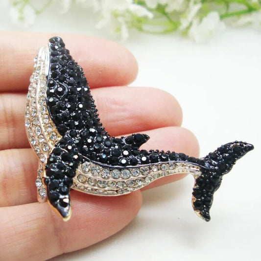 Vintage Black Dolphin Rhinestone Brooch for Women - Elegant Whale Pendant Pin for Party and Wedding