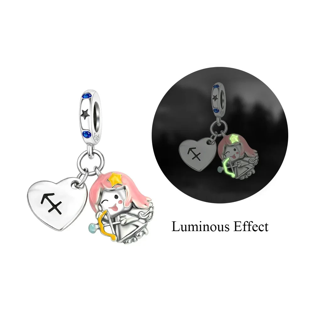 925 Sterling Silver Zodiac Charms with Luminous Stars Zircon Pendants for DIY Bracelets Fine Jewelry Gift