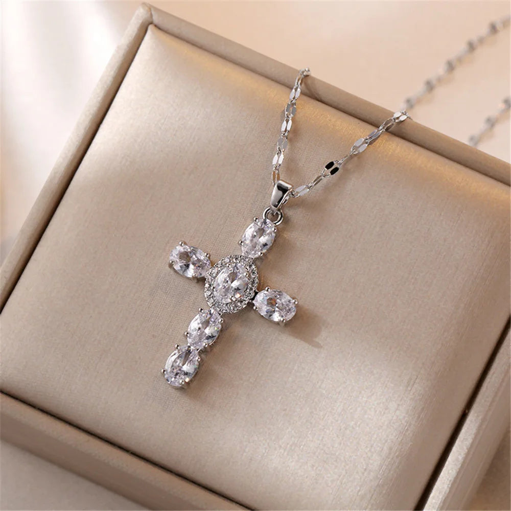 Elegant Rainbow Zircon Cross Pendant Necklace in Vintage Gold for Women