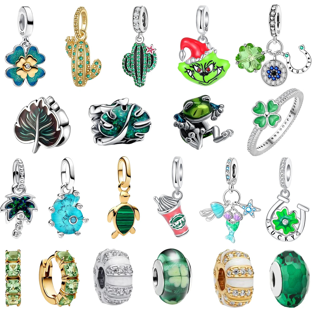 Green Series Sterling Silver Lucky Four Leaf Clover Charms with Zircon Beach Beads for Bracelets and Necklaces