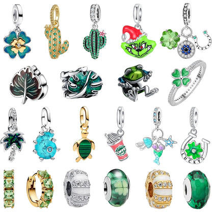 Green Series Sterling Silver Lucky Four Leaf Clover Charms with Zircon Beach Beads for Bracelets and Necklaces