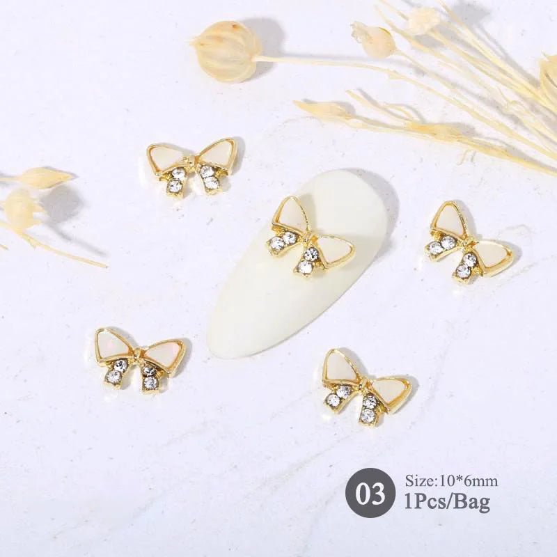 Elegant Gold Silver Metal Bowknot Nail Charm 3D Rhinestone Decor for DIY Manicure Art