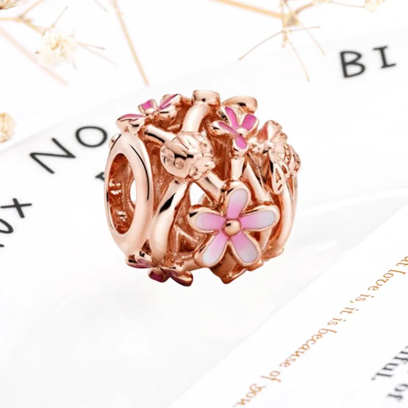 Rose Gold Winged Angel Heart Charm Bead Pink Daisy Spacer