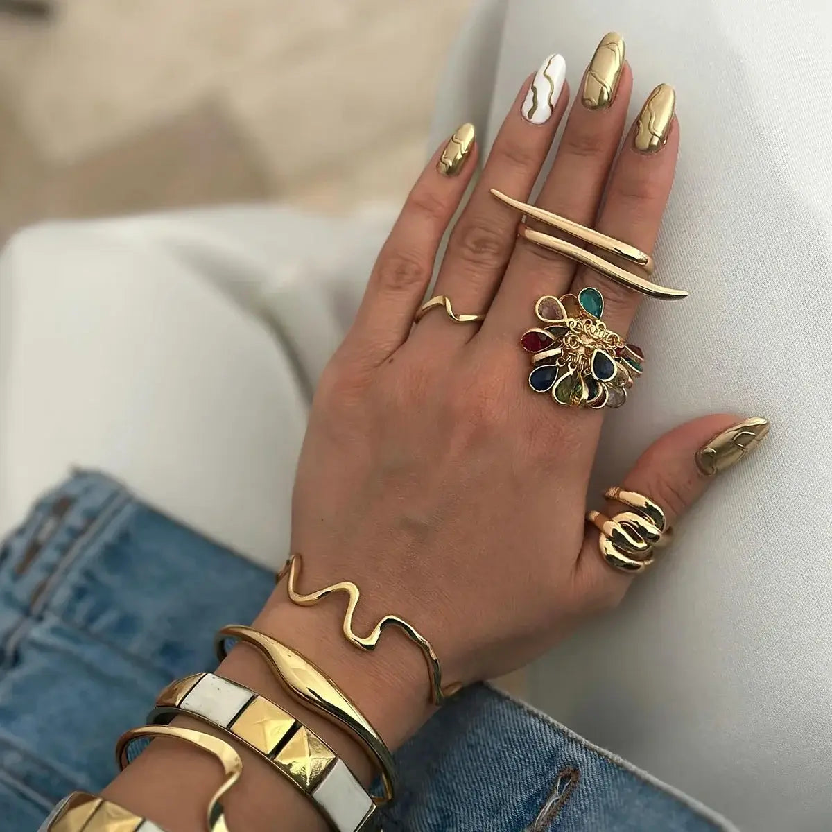 Youthway Minimalist Geometric Double Finger Ring Set 18K Gold Plated