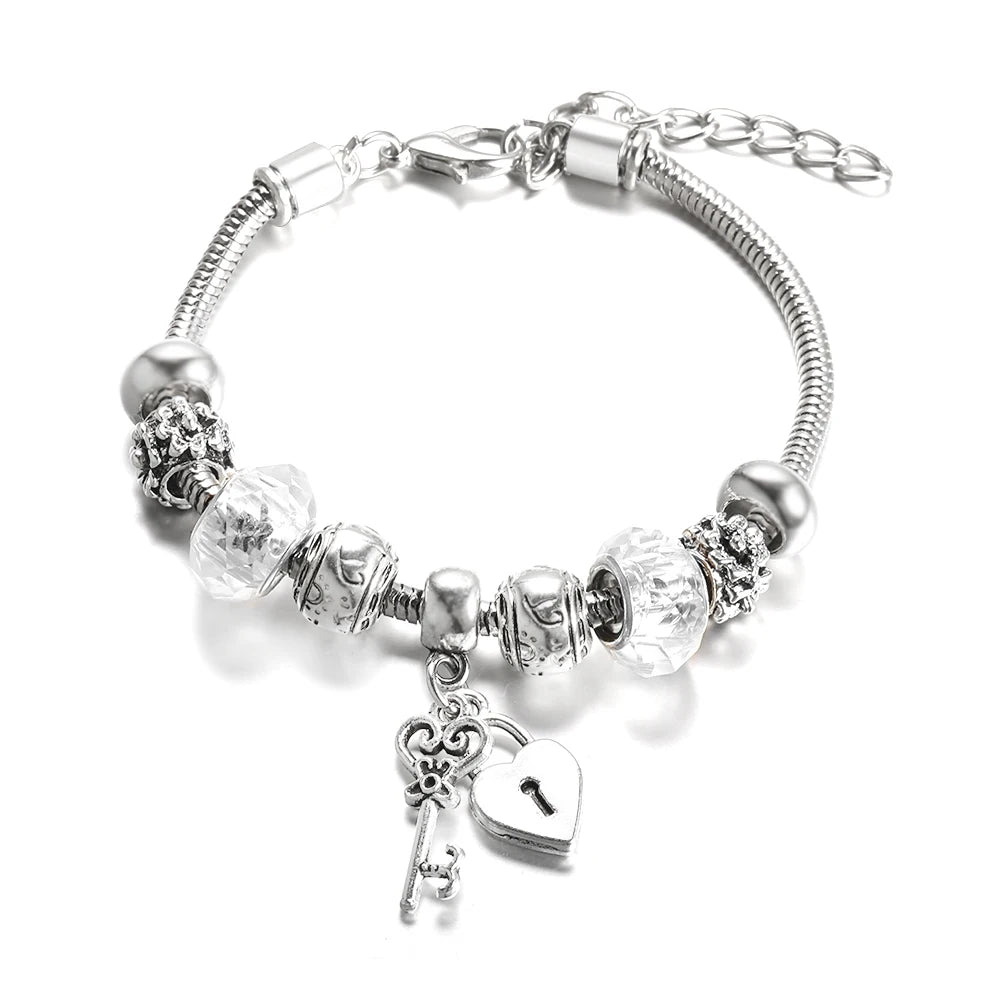 Elegant Heart Lock Charm Beaded Bangle Adjustable Snake Chain Bracelet for Women