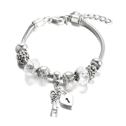 Elegant Heart Lock Charm Beaded Bangle Adjustable Snake Chain Bracelet for Women