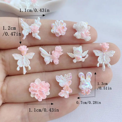 Kawaii 3D Nail Art Resin Charms Set - Bear, Butterfly, Flower, Kitten Series (50 Pieces)