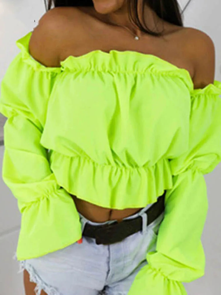 Candy Color Off Shoulder Crop Top Dot Print Lantern Sleeves