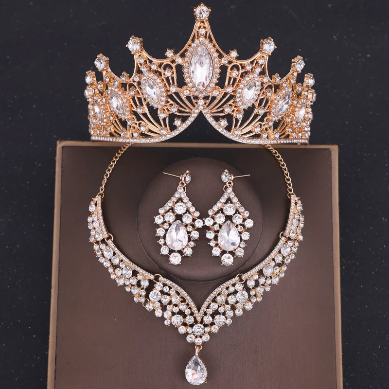 Crystal Crown Bridal Jewelry Set - 3Pcs Rhinestone Necklace & Earring Accessories Gold 1