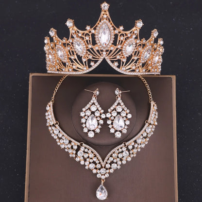 Crystal Crown Bridal Jewelry Set - 3Pcs Rhinestone Necklace & Earring Accessories Gold 1
