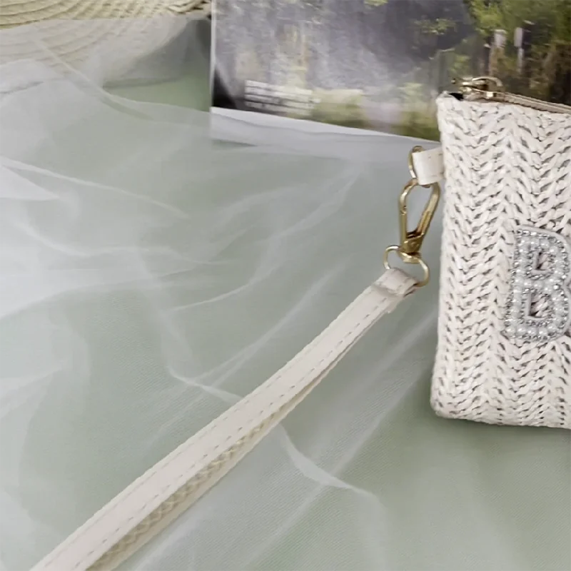 Elegant Beach Bride White Pearls Handbag with Bow for Bridal Shower and Honeymoon
