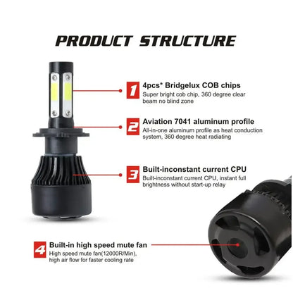 2Pcs Universal LED Car Headlight Bulbs 4 Sides COB Chip 6500K 100W 20000LM High Brightness Fog Light Replacement