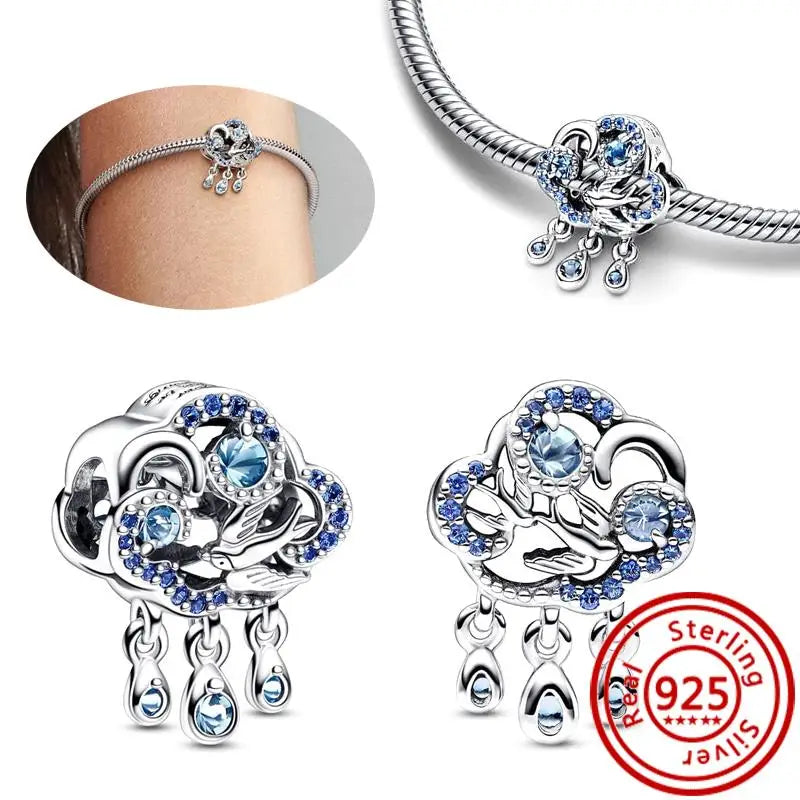 925 Sterling Silver Blue Zircon Feather Crown Stars Moon Charm Beads for Bracelet H199 3mm-4mm