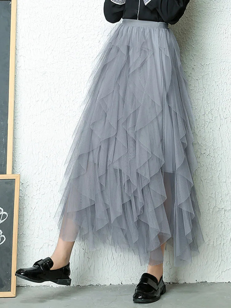 Korean Style Tutu Tulle Long Maxi Skirt For Women High Waist