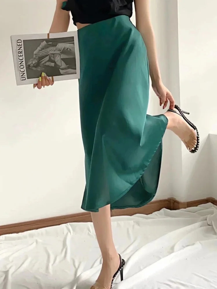 Satin A Line Skirt With Elastic Waist For Women Summer