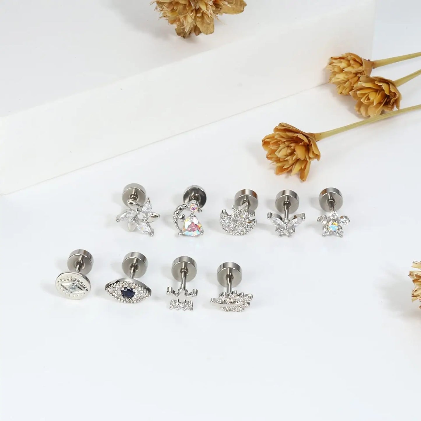 Drperfect 18G Stainless Steel Cartilage Earrings for Women Flat Back Stud Jewelry Set