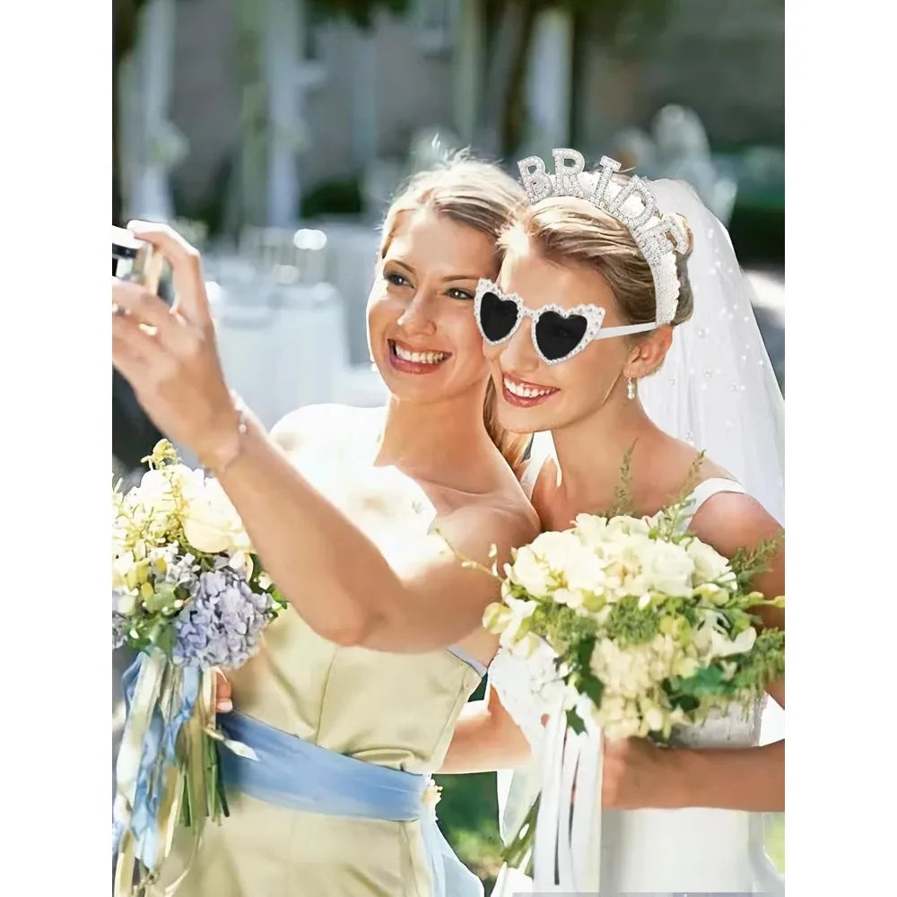 Glamorous Pearl Bride Headband With Veil and Heart Shaped Sunglasses for Bachelorette Party