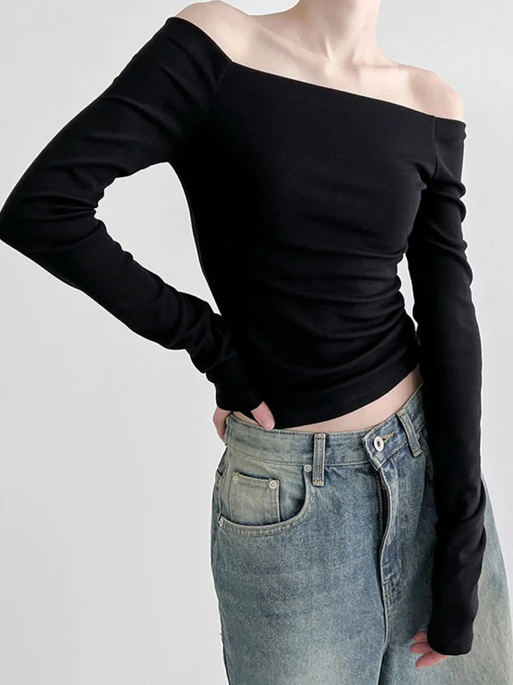 Korean Black Slash Neck Slim Cropped Long Sleeve Top