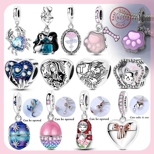 925 Sterling Silver Love Starry Sky Cat Paw Charms Beads
