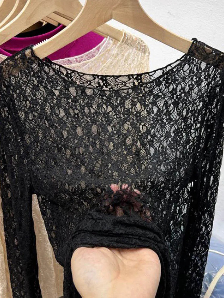 Women Long Sleeve Sexy Slim Lace Top Spring Autumn 2025