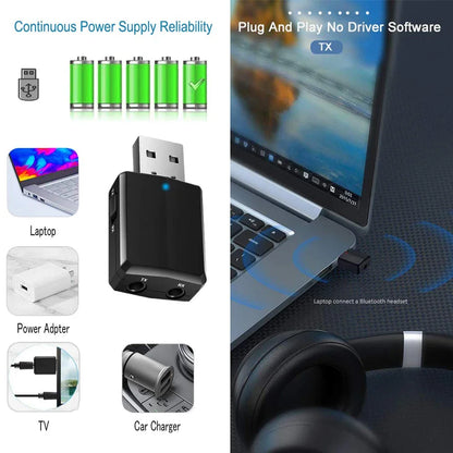 CMAOS Bluetooth 5.0 3 in 1 USB Transmitter Receiver Adapter with 3.5mm AUX for TV PC Headphones and Home Stereo Audio