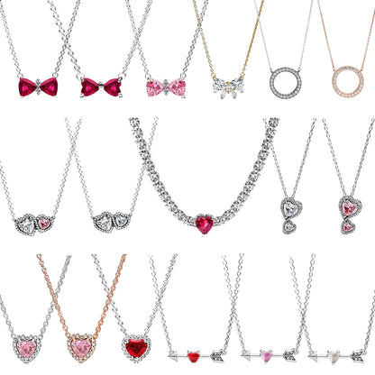 Luxury 925 Sterling Silver Colorful Arrow Heart Bow Tie Feather Pendant Necklace Charming DIY Gift for Women