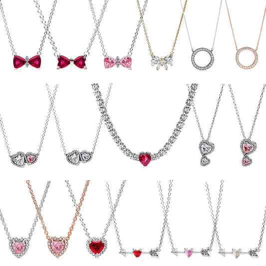 Luxury 925 Sterling Silver Colorful Arrow Heart Bow Tie Feather Pendant Necklace Charming DIY Gift for Women