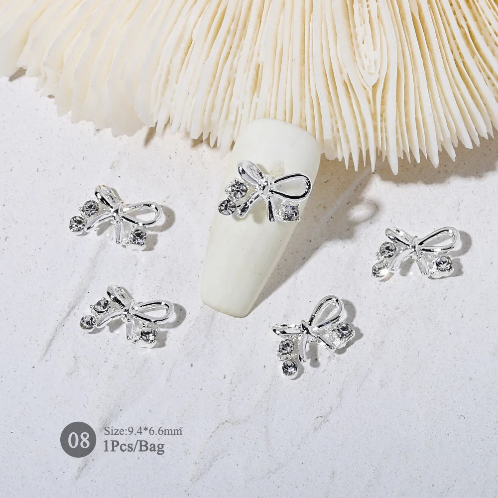 Elegant Gold Silver Metal Bowknot Nail Charm 3D Rhinestone Decor for DIY Manicure Art