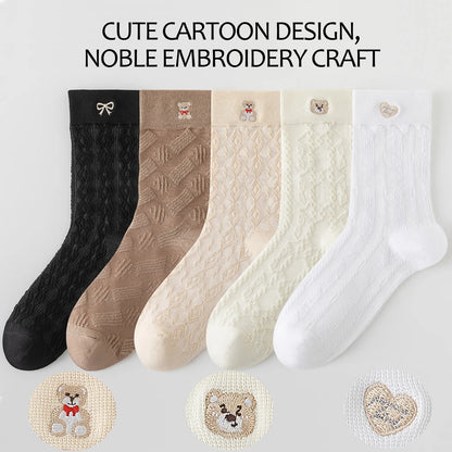 Kawaii Japanese Embroidered Cotton Mid Calf Socks 5 Pairs