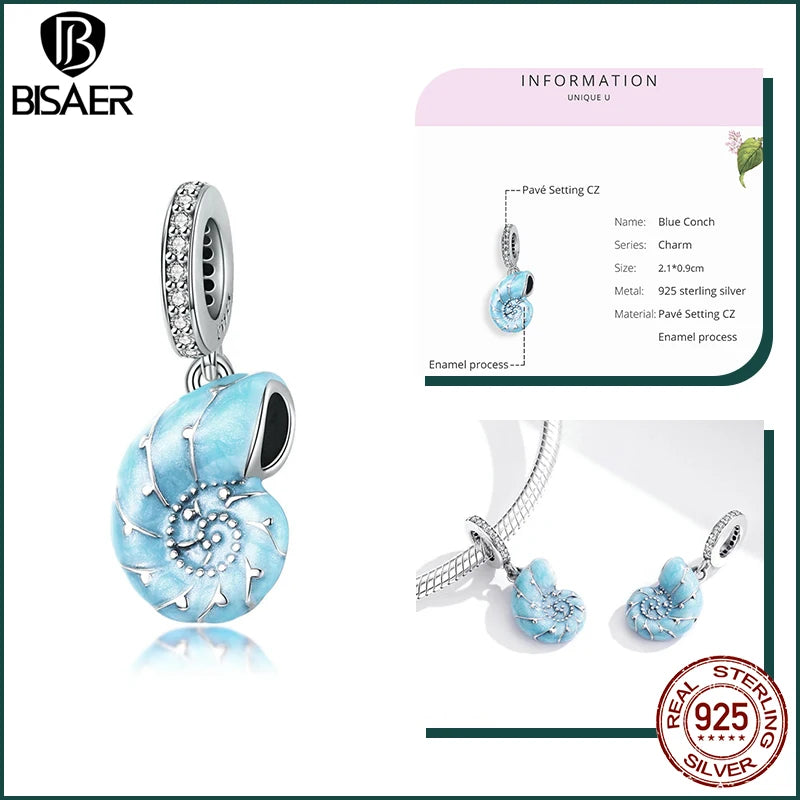 BISAER Ocean Charm 925 Sterling Silver Dolphin and Mermaid Bead with Blue CZ for DIY Jewelry ECC1560 CHINA