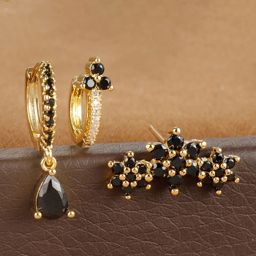 Elegant Zircon Water Drop Earrings Set for Women Stainless Steel Floral Hoops