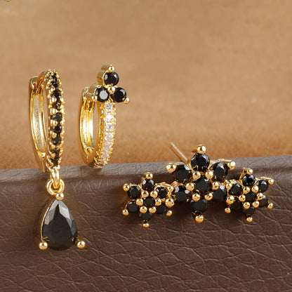Elegant Zircon Water Drop Earrings Set for Women Stainless Steel Floral Hoops