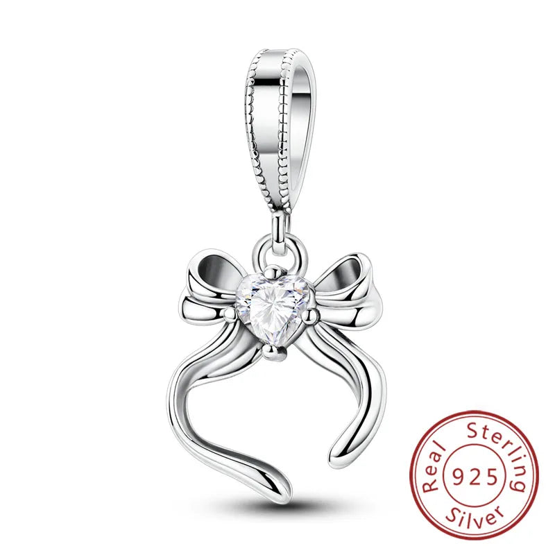 925 Sterling Silver Owl Bow Zircon Charm Beads Pendant