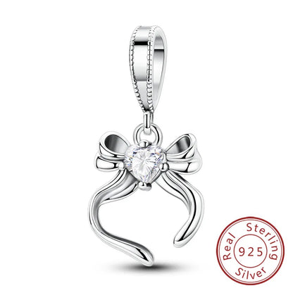925 Sterling Silver Owl Bow Zircon Charm Beads Pendant