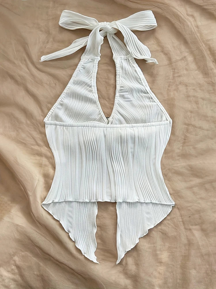 Sexy V Neck Halter Crop Top Women Sleeveless Backless Y2K