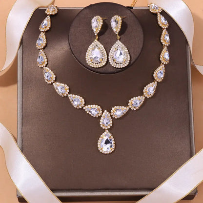 Geometric Rhinestone Bridal Jewelry Set with Zircon Necklace and Earrings