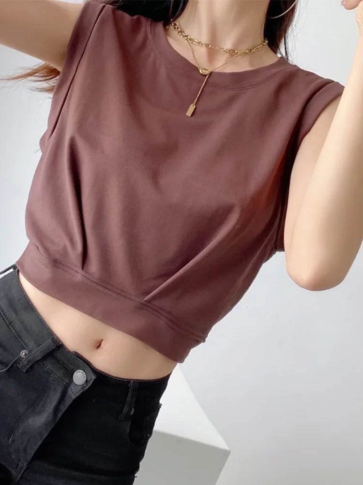 Dozw Women Solid Color Crop Tank Top O Neck Cotton Blend