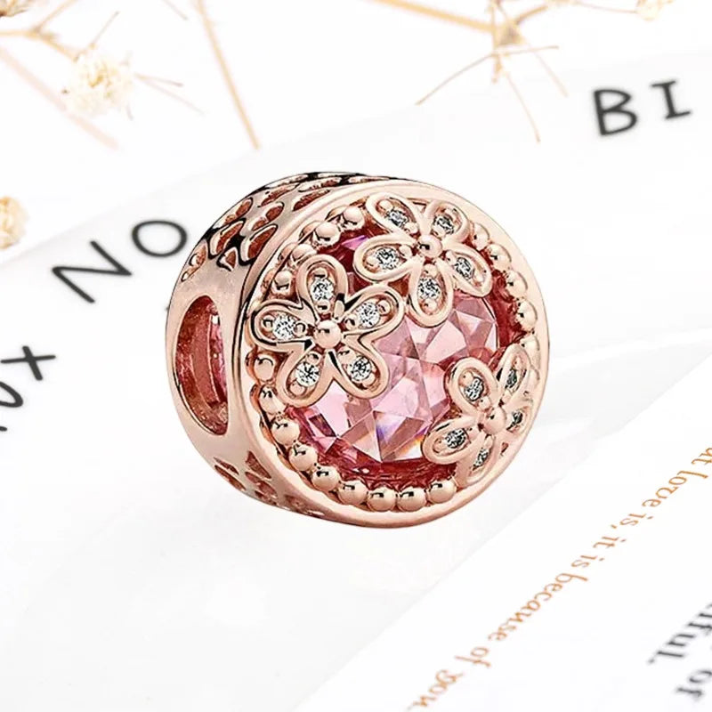 Rose Gold Winged Angel Heart Charm Bead Pink Daisy Spacer