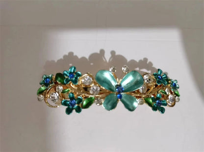 Elegant Red Crystal Flower Bow Hairpin With Vintage Blue Rhinestones