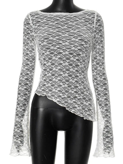 2025 Spring Summer Women Lace Slant Hem Long Sleeve Top