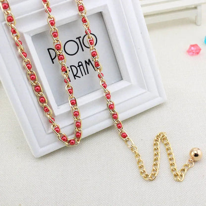 Women Pearl Thin Metal Waist Chain Belt Versatile Fashion
