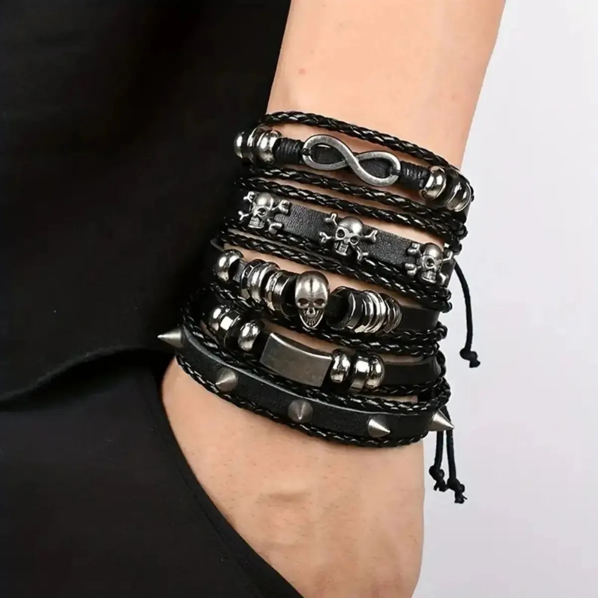 Punk Style Braided Bracelet Set of 5 with PU Leather and Beads